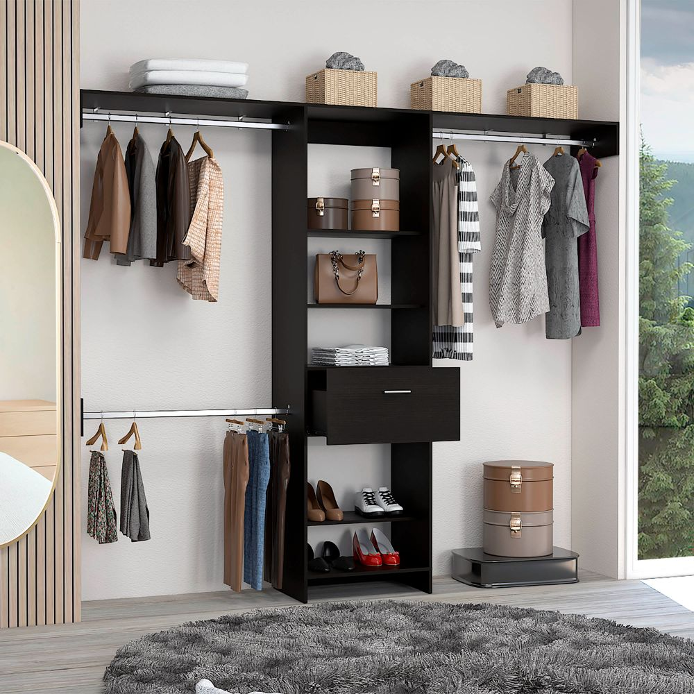 Brisk Closet System - One Drawer, Three Metal Rods, Five Open Shelves
