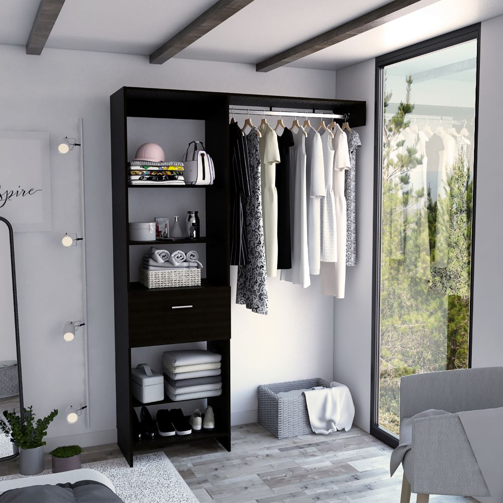Dynamic Closet System with Five Open Shelves, One Drawer, and One Metal Rod