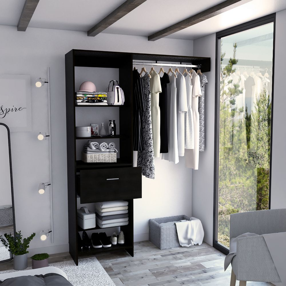 Dynamic Closet System with Five Open Shelves, One Drawer, and One Metal Rod