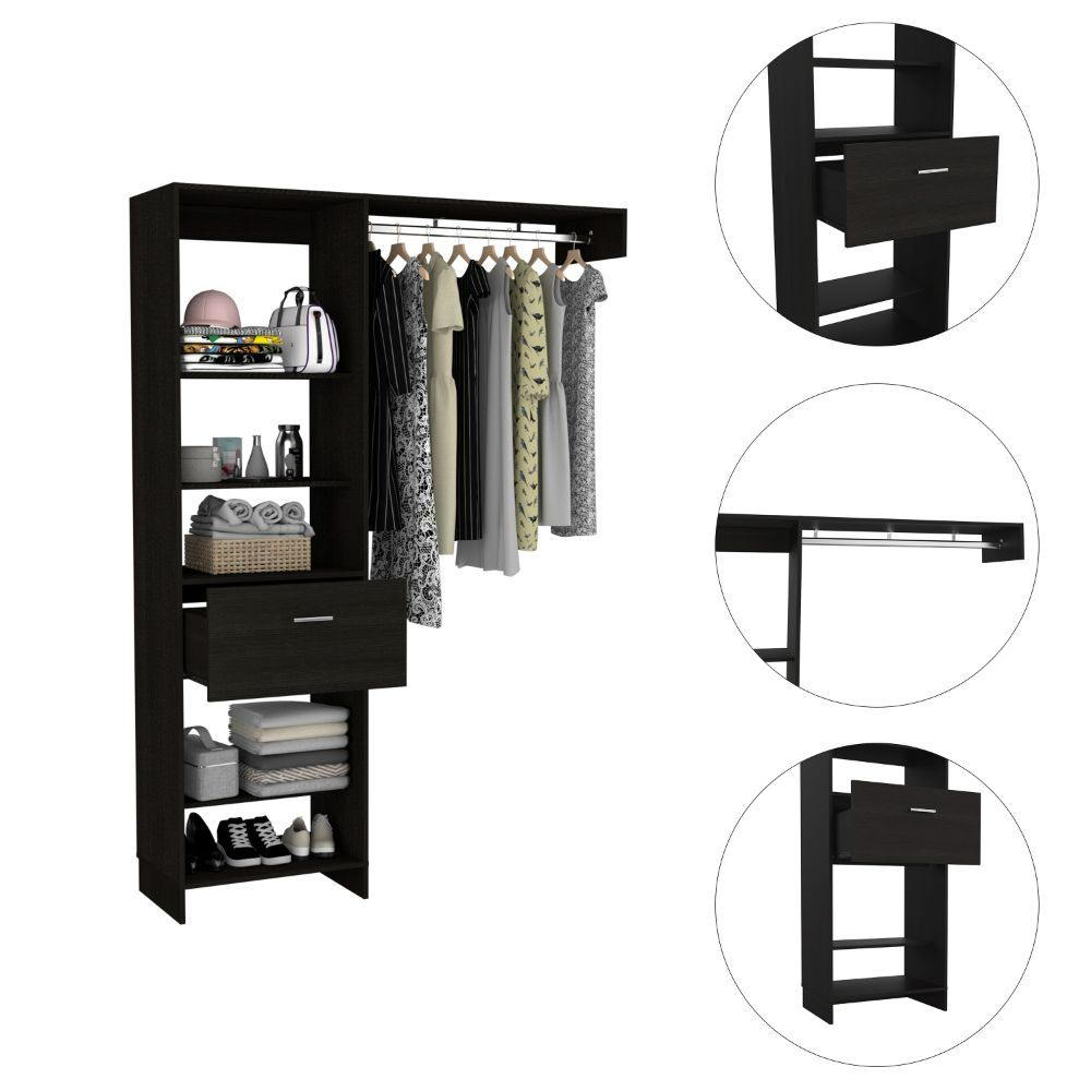 Dynamic Closet System with Five Open Shelves, One Drawer, and One Metal Rod