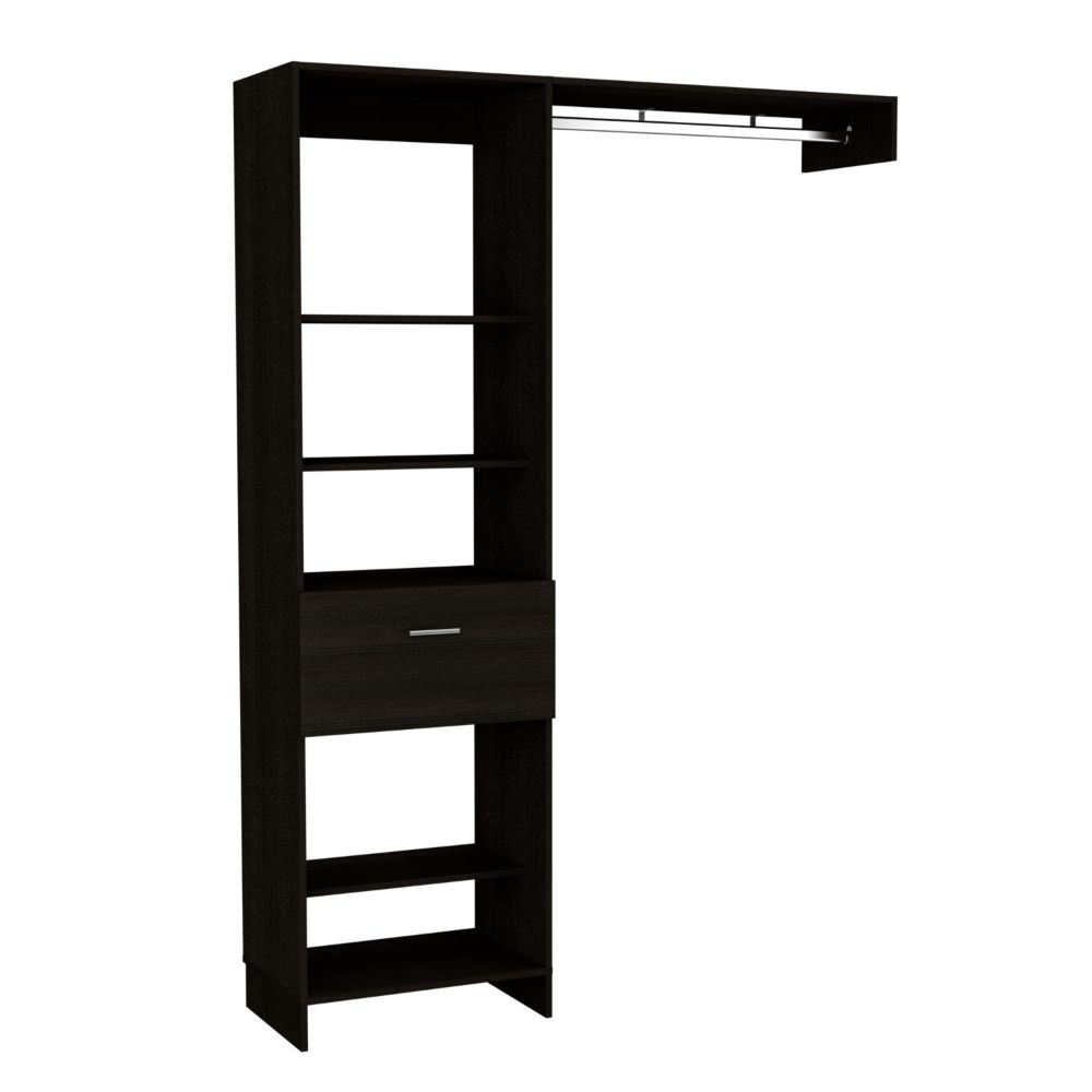 Dynamic Closet System with Five Open Shelves, One Drawer, and One Metal Rod