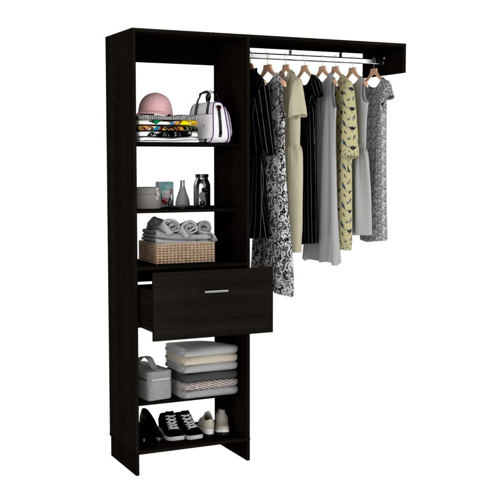 Dynamic Closet System with Five Open Shelves, One Drawer, and One Metal Rod