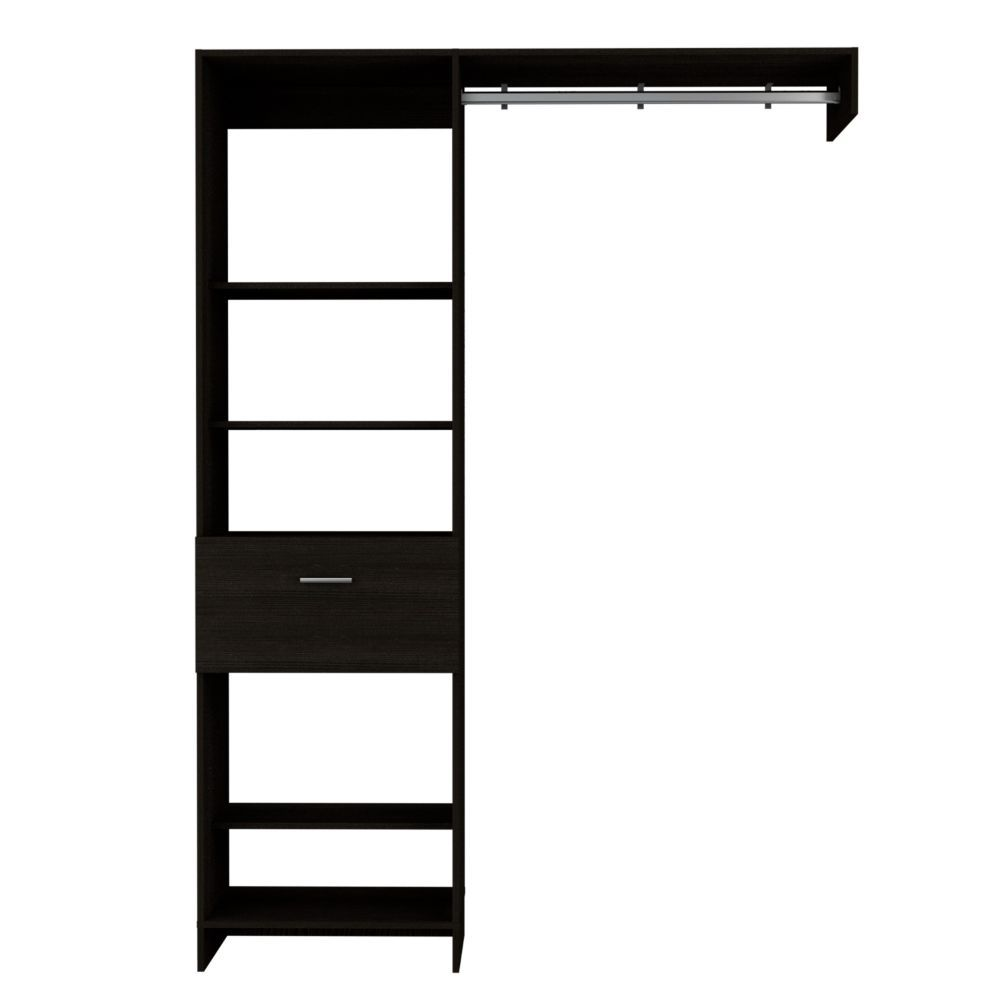 Dynamic Closet System with Five Open Shelves, One Drawer, and One Metal Rod
