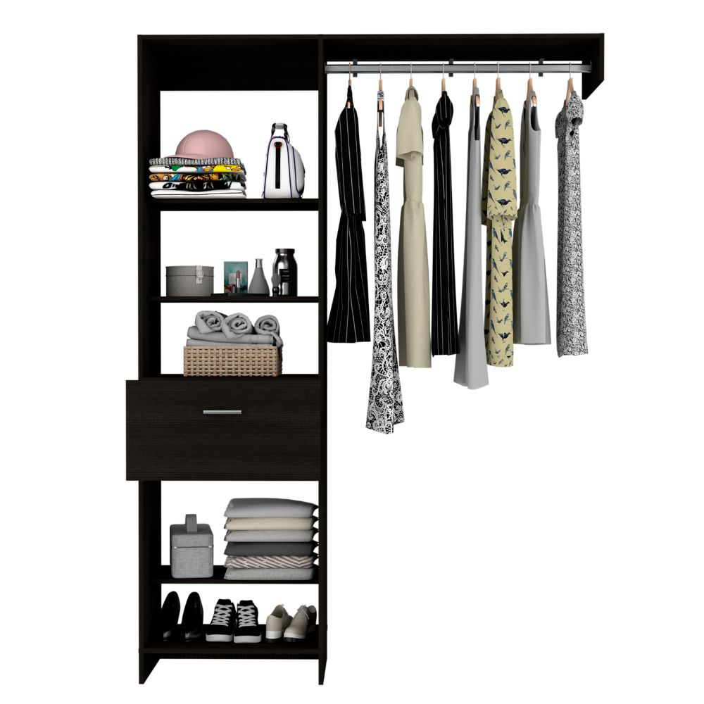 Dynamic Closet System with Five Open Shelves, One Drawer, and One Metal Rod