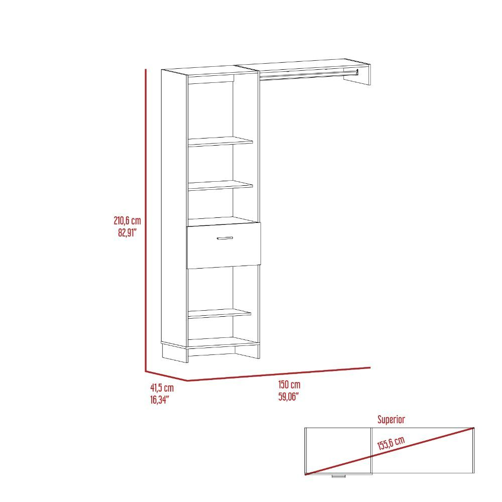 Dynamic Closet System with Five Open Shelves, One Drawer, and One Metal Rod