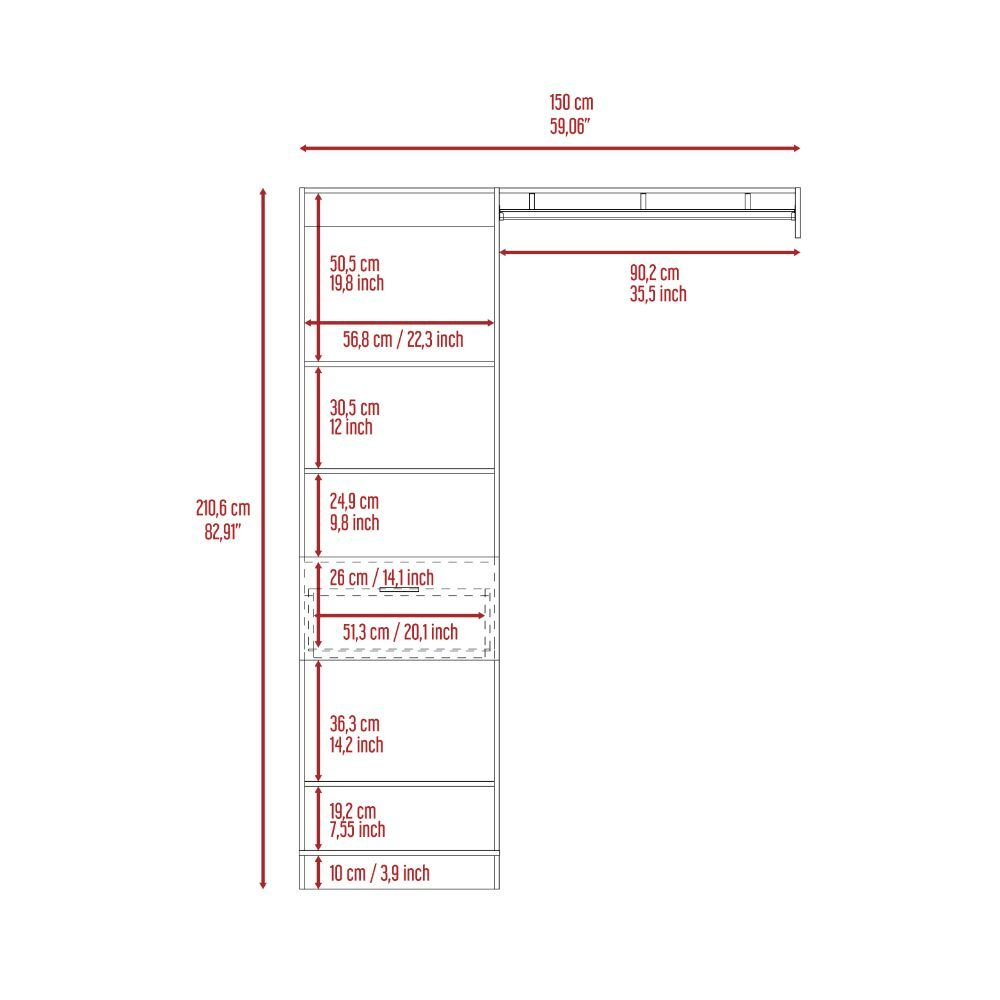 Dynamic Closet System with Five Open Shelves, One Drawer, and One Metal Rod
