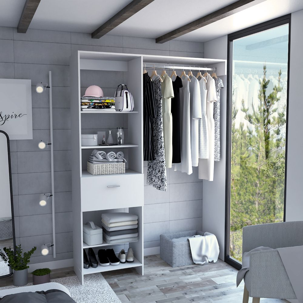 Dynamic Closet System with Five Open Shelves, One Drawer, and One Metal Rod