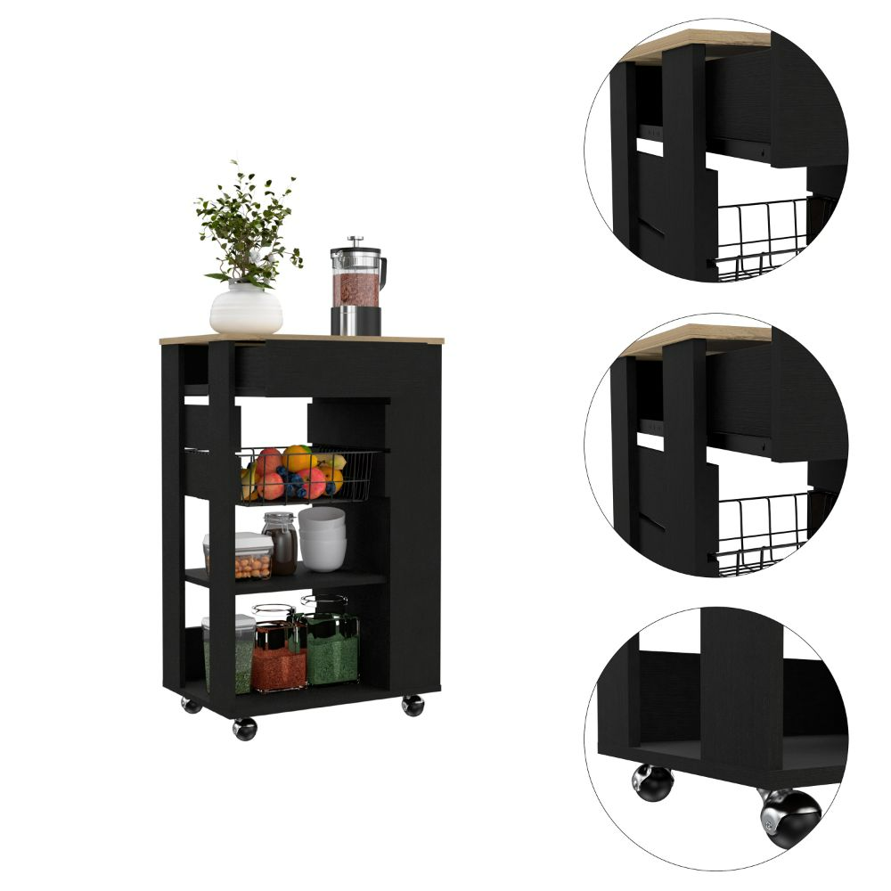 Rosemont Kitchen Cart with Two Open Shelves, Four Casters, and One Drawer