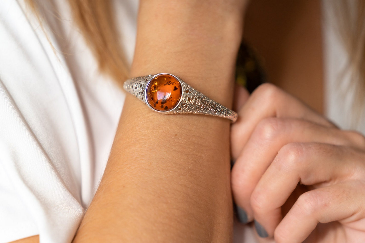 Handmade Modern Amber Arm Cuff - Sterling Silver & Baltic Amber