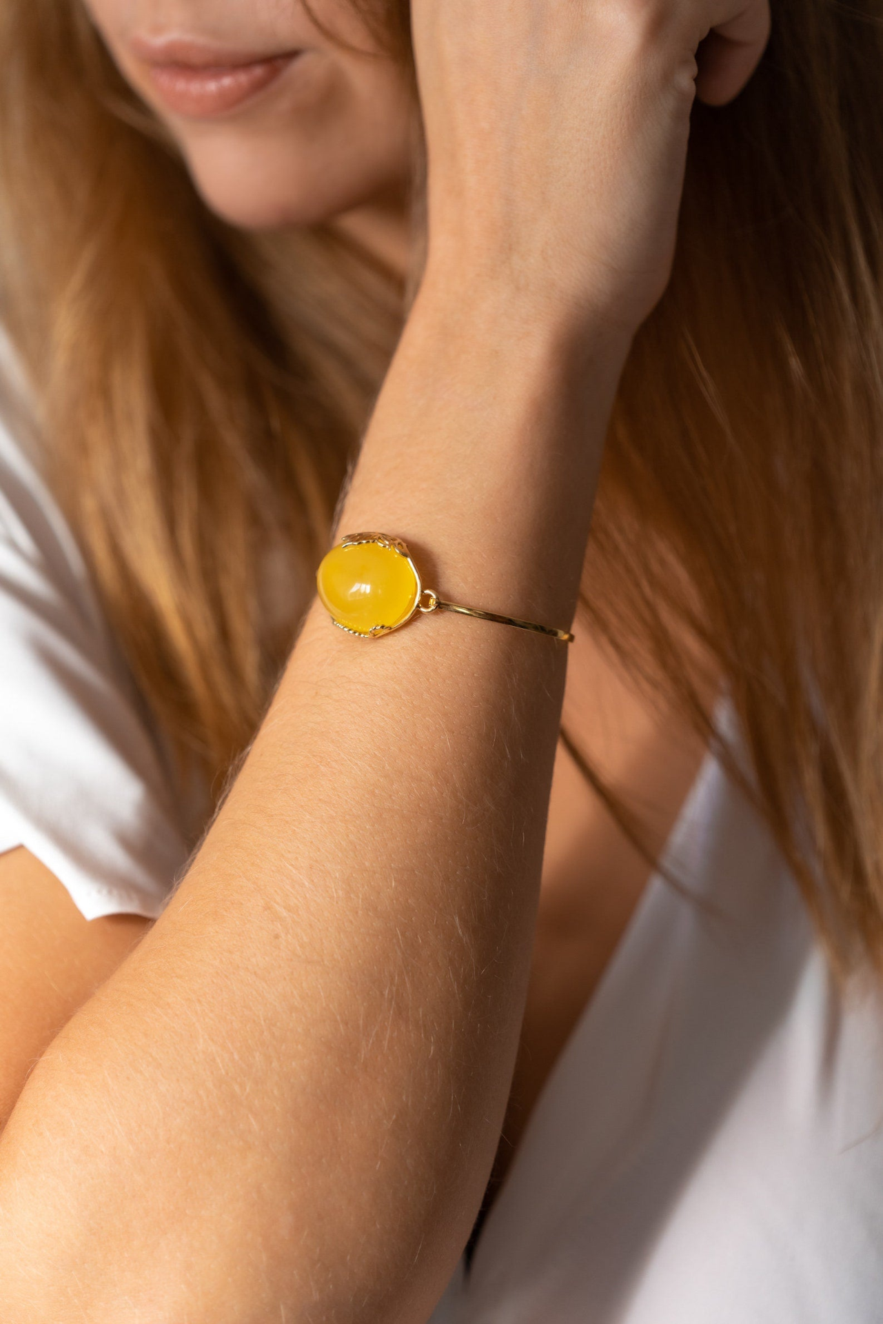 Handmade Yellow Amber and Gold Bangle | Elegant Statement Jewelry