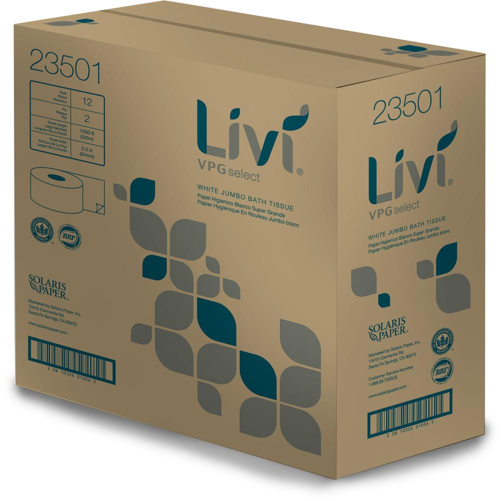Livi Solaris Paper Jumbo Bath Tissue - 2 Ply - 3.30" x 1000 ft - White - Virgin Fiber - Embossed, Eco-friendly, Soft, Durable, Absorbent - For Bathroom - 12 / Carton