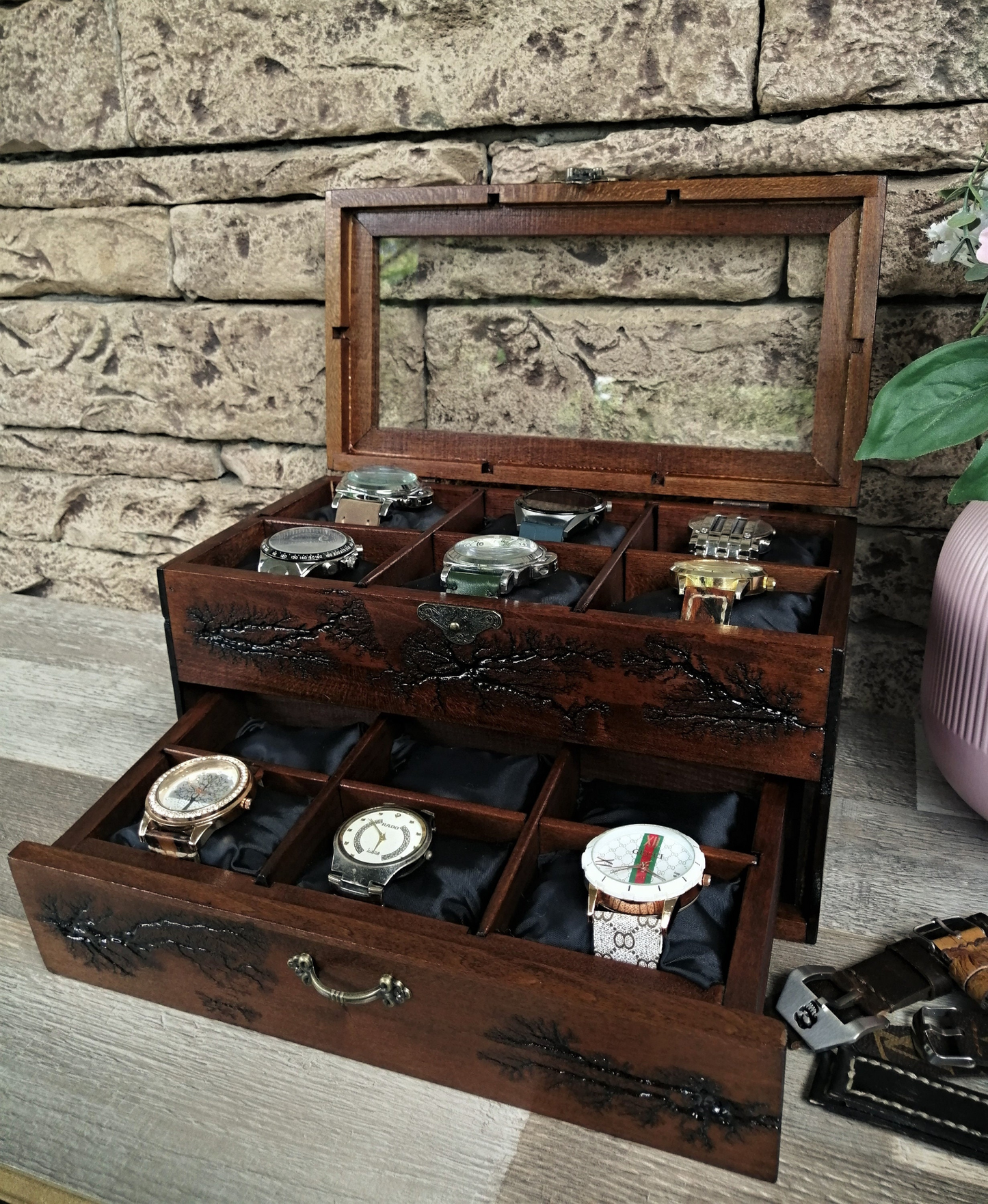 Wood Watch Box Storage With Drawer Glass Display Top | 12 Slot Watchbox Lichtenberg Figure