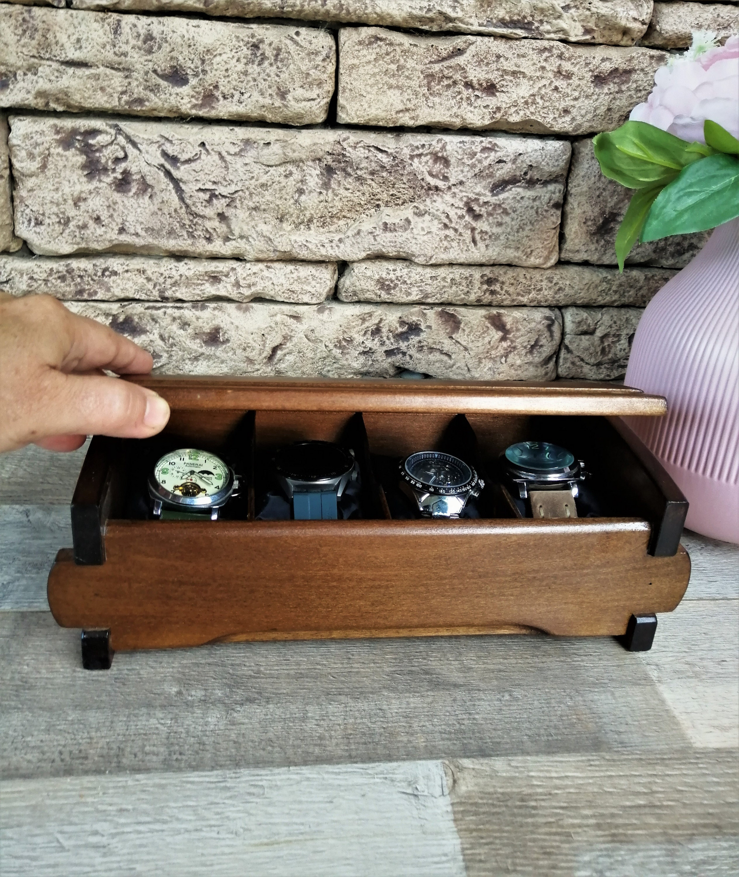 Wood Watch Box Handmade | Watch Organizer with 4 Compartments | Birthday Husband Gift