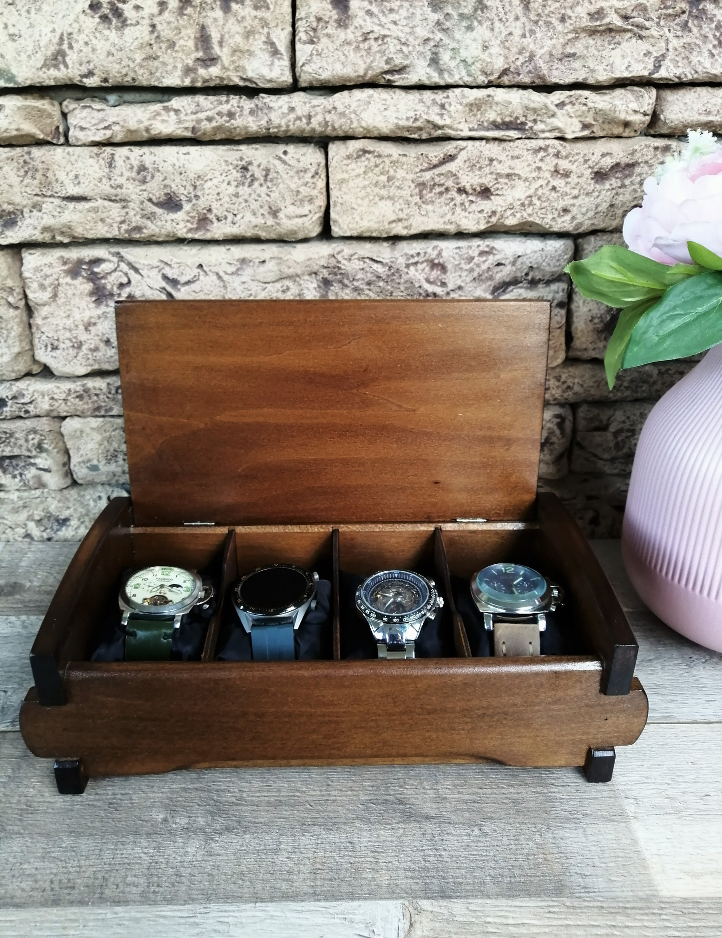 Wood Watch Box Handmade | Watch Organizer with 4 Compartments | Birthday Husband Gift