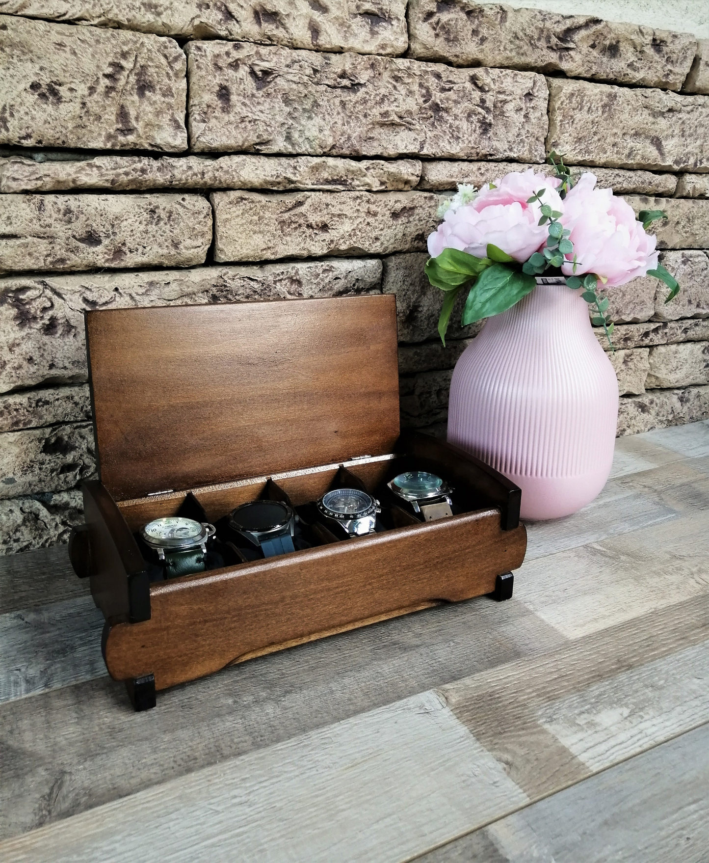 Wood Watch Box Handmade | Watch Organizer with 4 Compartments | Birthday Husband Gift