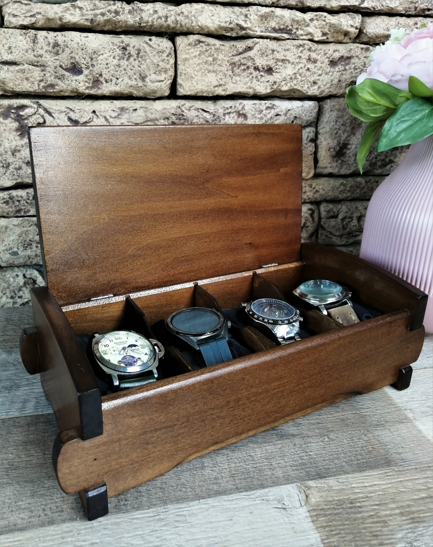 Wood Watch Box Handmade | Watch Organizer with 4 Compartments | Birthday Husband Gift
