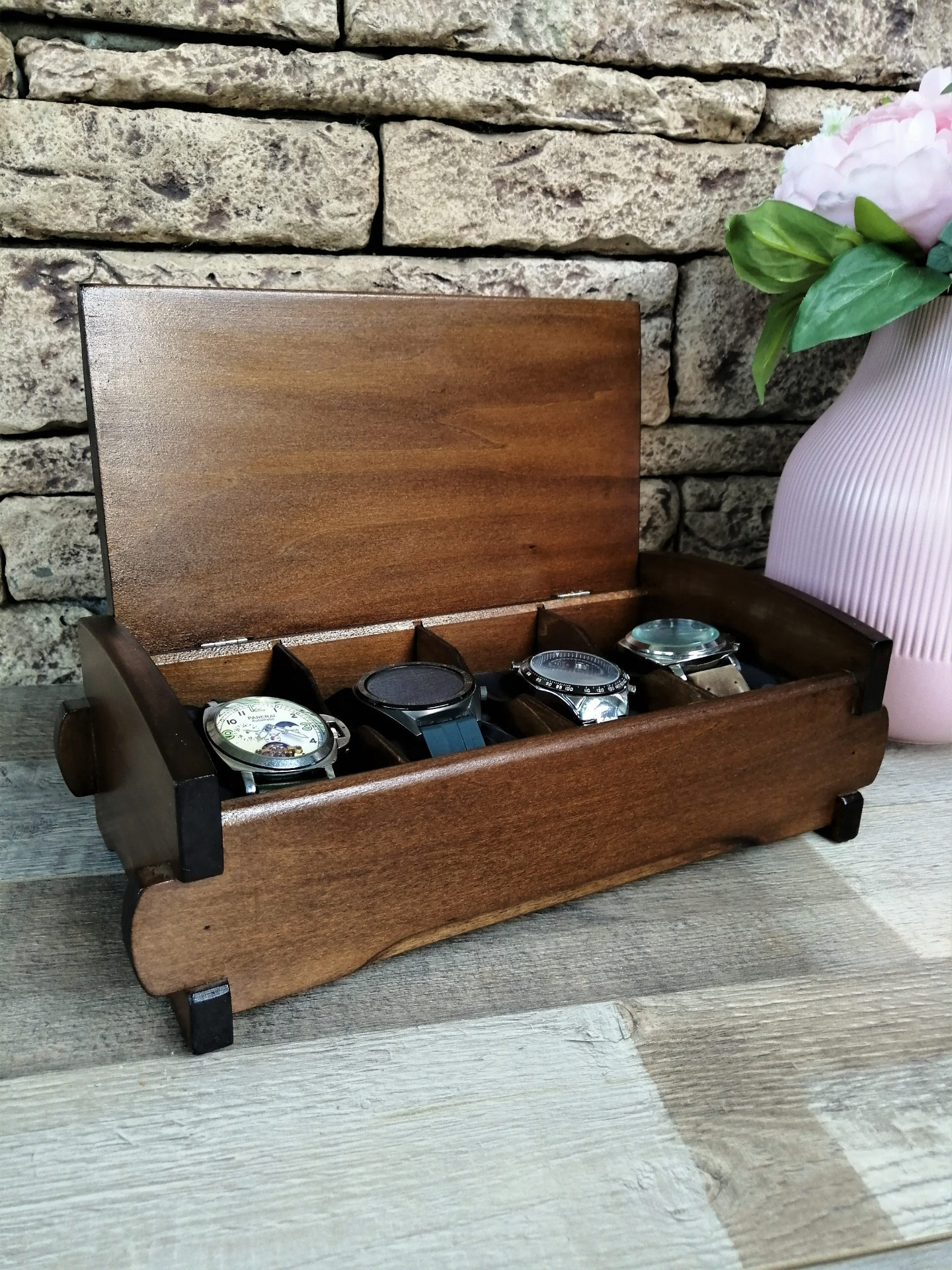 Wood Watch Box Handmade | Watch Organizer with 4 Compartments | Birthday Husband Gift