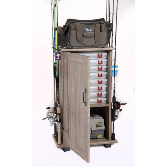 Fishing Storage and Organization Cabinet in Rough Sawn Barnwood Laminate - Keep Your Fishing Gear Neat and Accessible