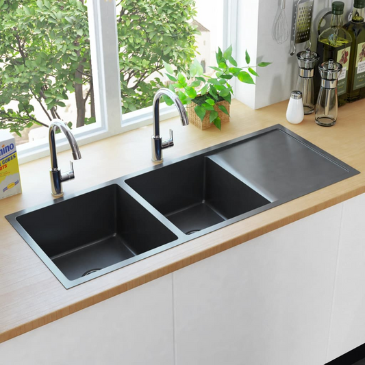 vidaXL Handmade Kitchen Sink Black Stainless Steel - Contemporary Design, Double Basin, Sound-Proofing, Easy to Assemble