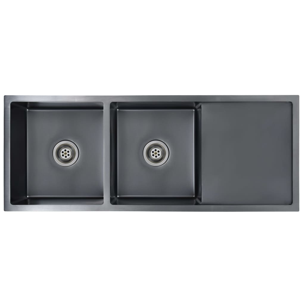 vidaXL Handmade Kitchen Sink Black Stainless Steel - Contemporary Design, Double Basin, Sound-Proofing, Easy to Assemble