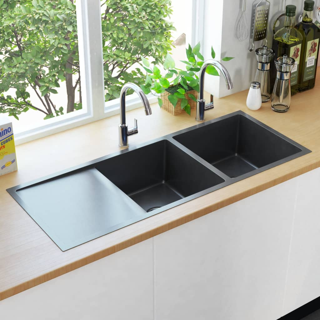 vidaXL Handmade Kitchen Sink Black Stainless Steel - Contemporary Design, Double Basin, Sound-Proofing, Easy to Assemble