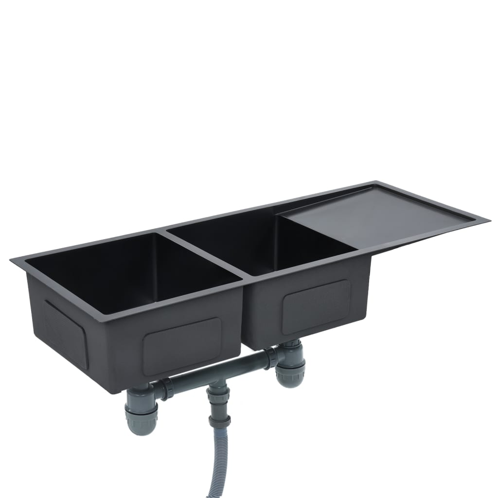 vidaXL Handmade Kitchen Sink Black Stainless Steel - Contemporary Design, Double Basin, Sound-Proofing, Easy to Assemble