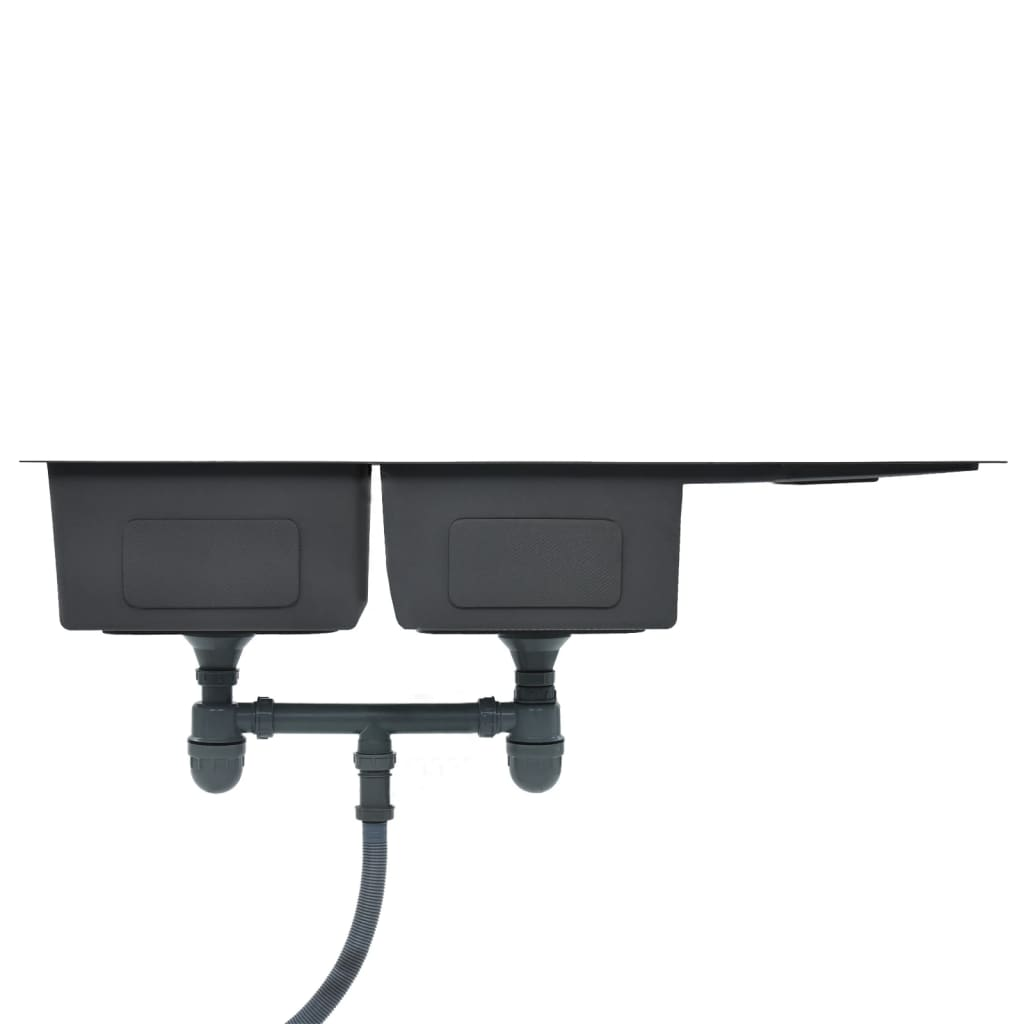 vidaXL Handmade Kitchen Sink Black Stainless Steel - Contemporary Design, Double Basin, Sound-Proofing, Easy to Assemble