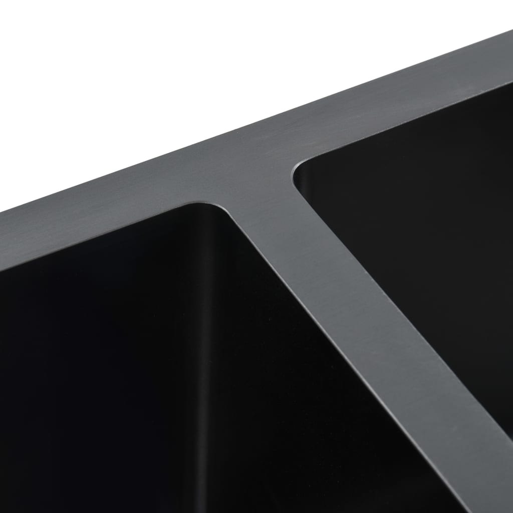 vidaXL Handmade Kitchen Sink Black Stainless Steel - Contemporary Design, Double Basin, Sound-Proofing, Easy to Assemble