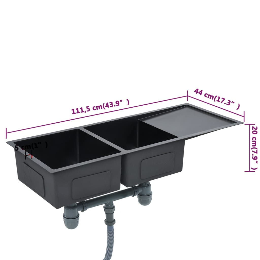 vidaXL Handmade Kitchen Sink Black Stainless Steel - Contemporary Design, Double Basin, Sound-Proofing, Easy to Assemble