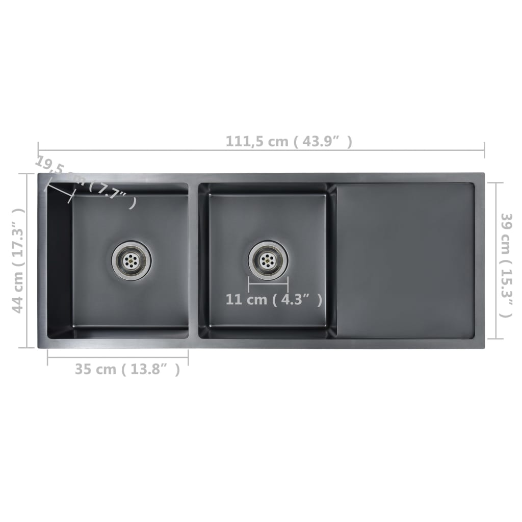 vidaXL Handmade Kitchen Sink Black Stainless Steel - Contemporary Design, Double Basin, Sound-Proofing, Easy to Assemble