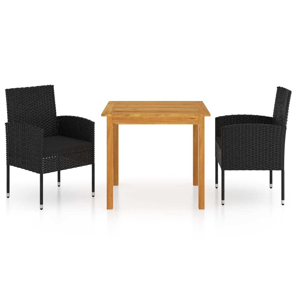 vidaXL 3 Piece Patio Dining Set Black - Solid Acacia Wood Table, PE Rattan Chairs with Cushions