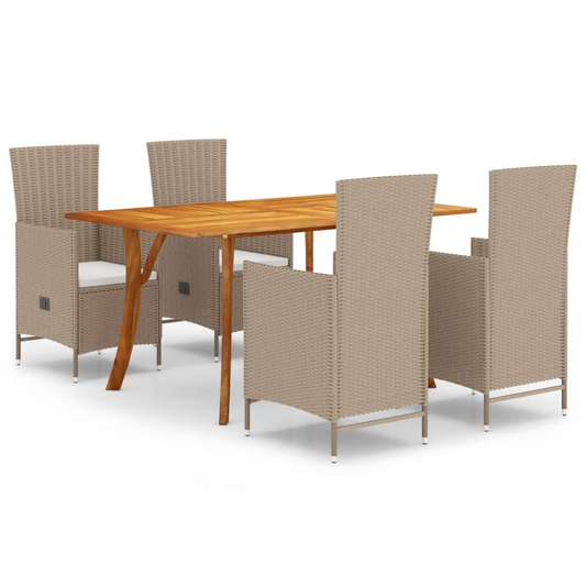 vidaXL 5 Piece Patio Dining Set Beige - Solid Acacia Wood Table, PE Rattan Chairs, Cream White Cushions