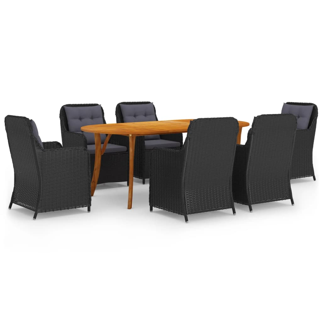 vidaXL 7 Piece Patio Dining Set Black - Sturdy Acacia Wood Table and Weather-Resistant PE Rattan Chairs
