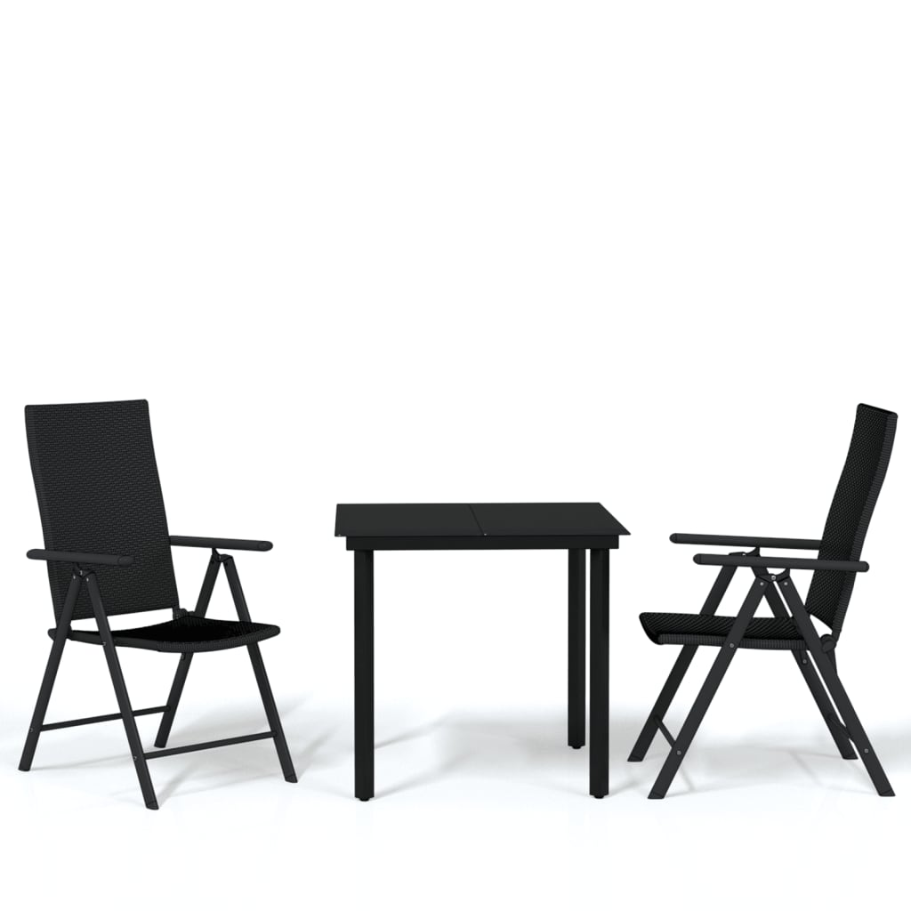 vidaXL 3 Piece Patio Dining Set Black - Outdoor Steel Frame Table with Glass Top and PE Rattan Chairs