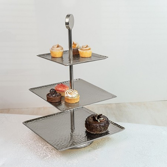 14" Silver Square Stainless Steel Hammered Handmade Three Tier Tray