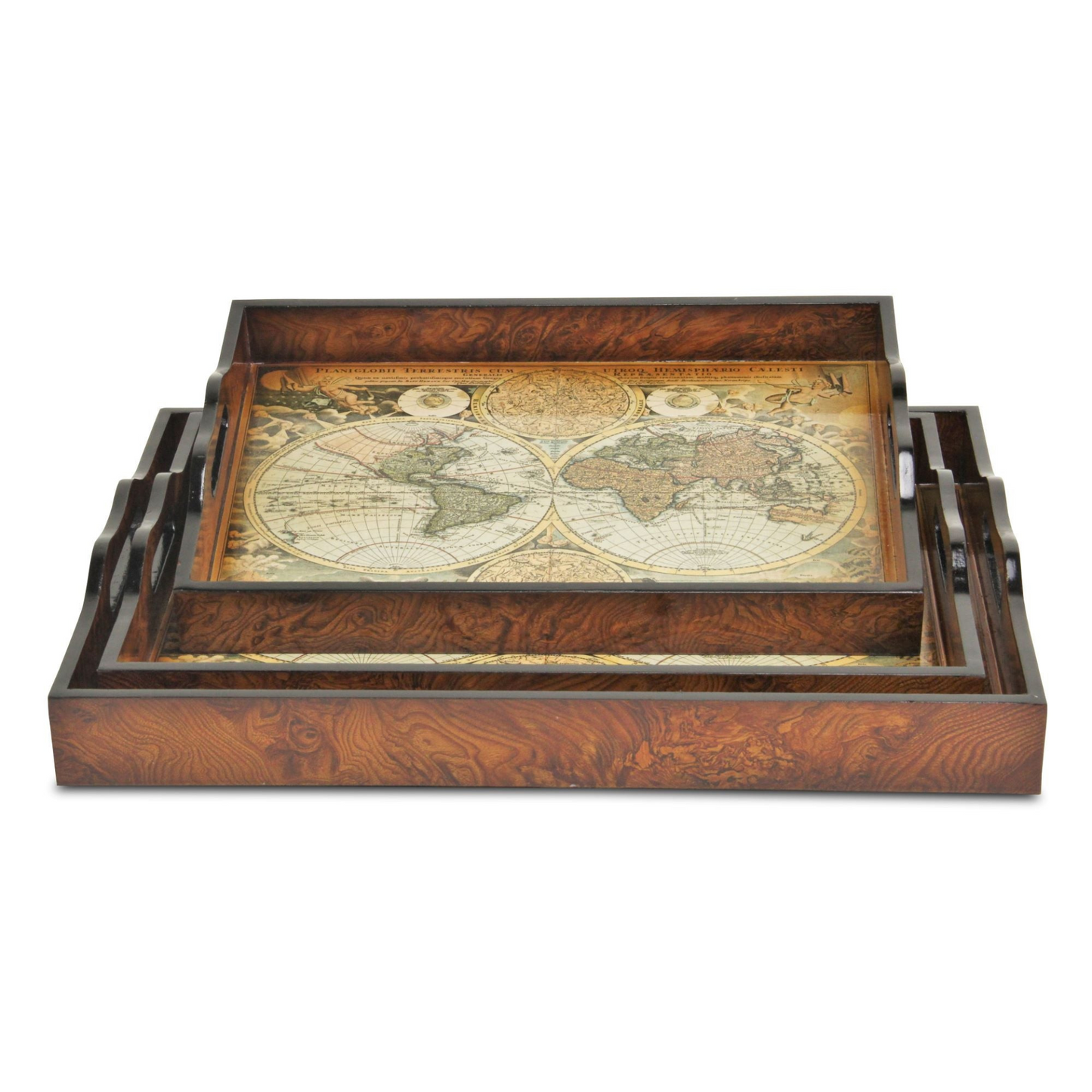 Set of Three 19" Brown Burl Wood Vintage Map Design Handmade Trays with Handles
