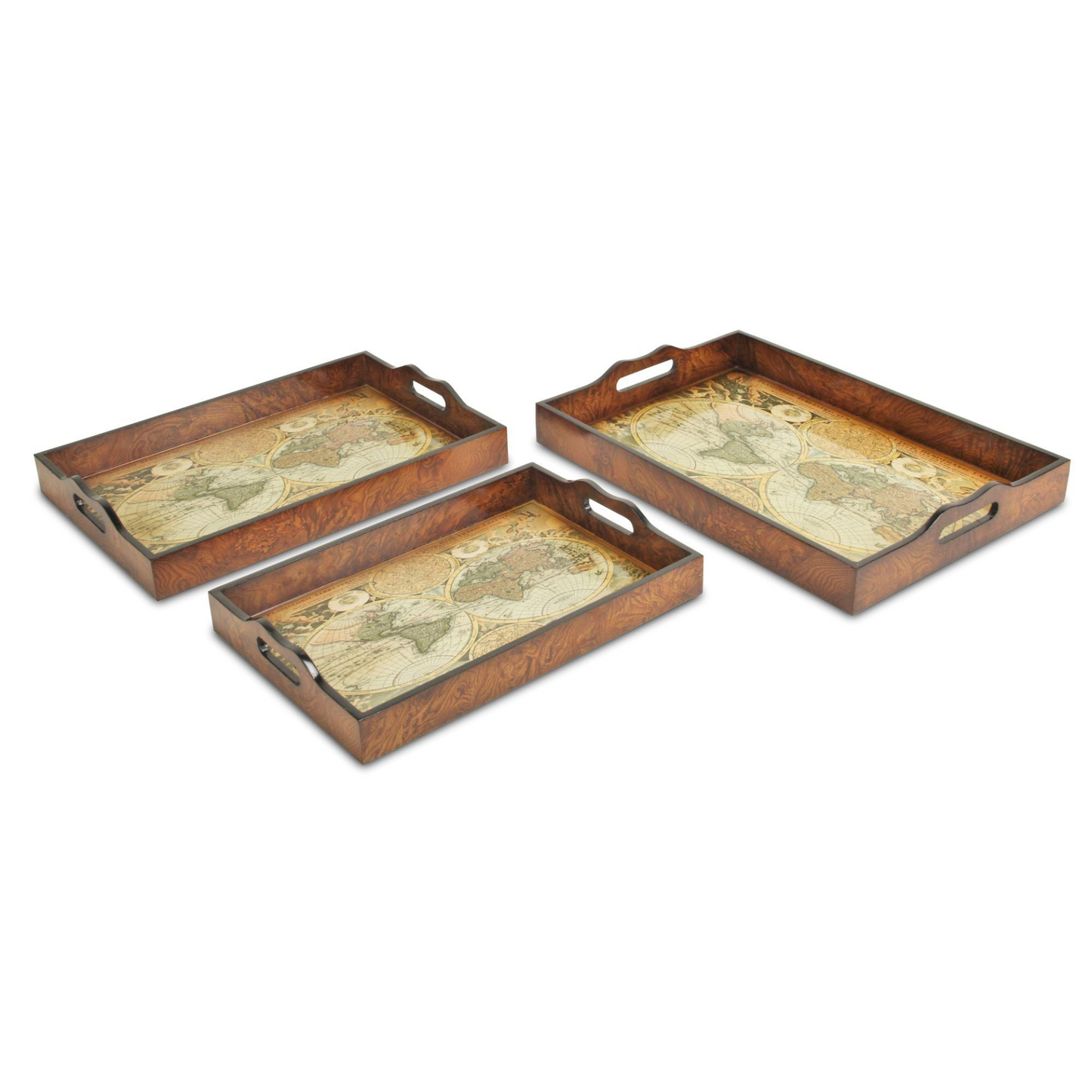 Set of Three 19" Brown Burl Wood Vintage Map Design Handmade Trays with Handles