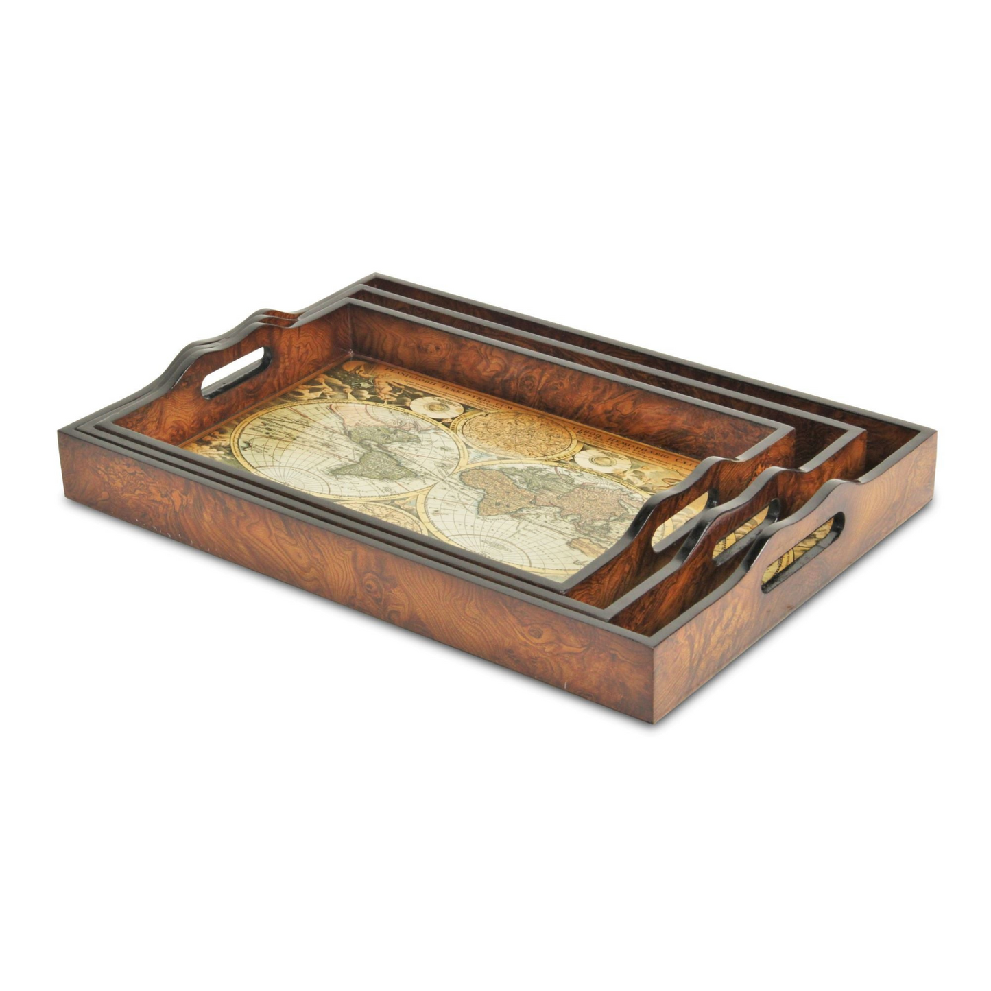 Set of Three 19" Brown Burl Wood Vintage Map Design Handmade Trays with Handles