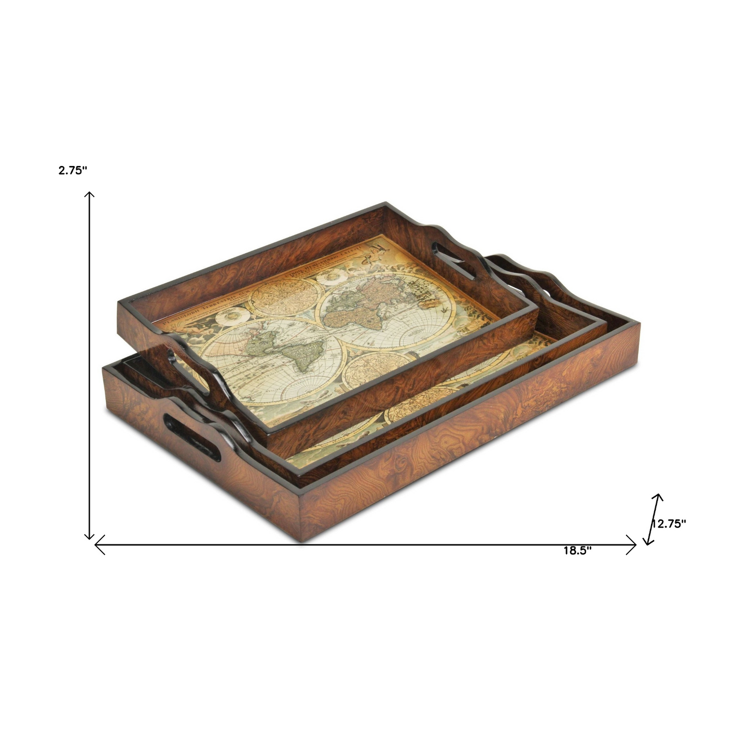 Set of Three 19" Brown Burl Wood Vintage Map Design Handmade Trays with Handles