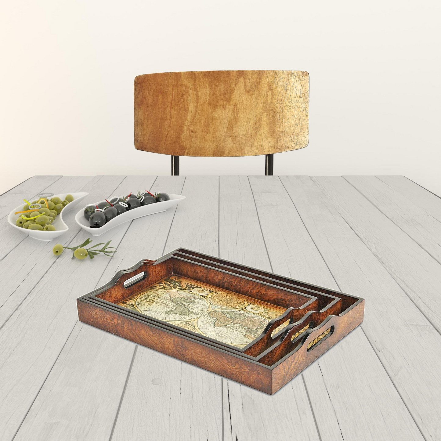 Set of Three 19" Brown Burl Wood Vintage Map Design Handmade Trays with Handles
