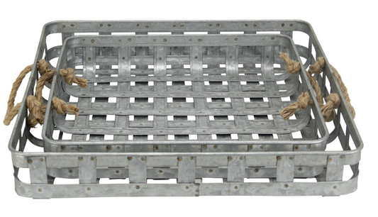 Set Of Two 17" Gray Rectangular Metal Handmade Trays With Rope Handles - Elegant Home Decor