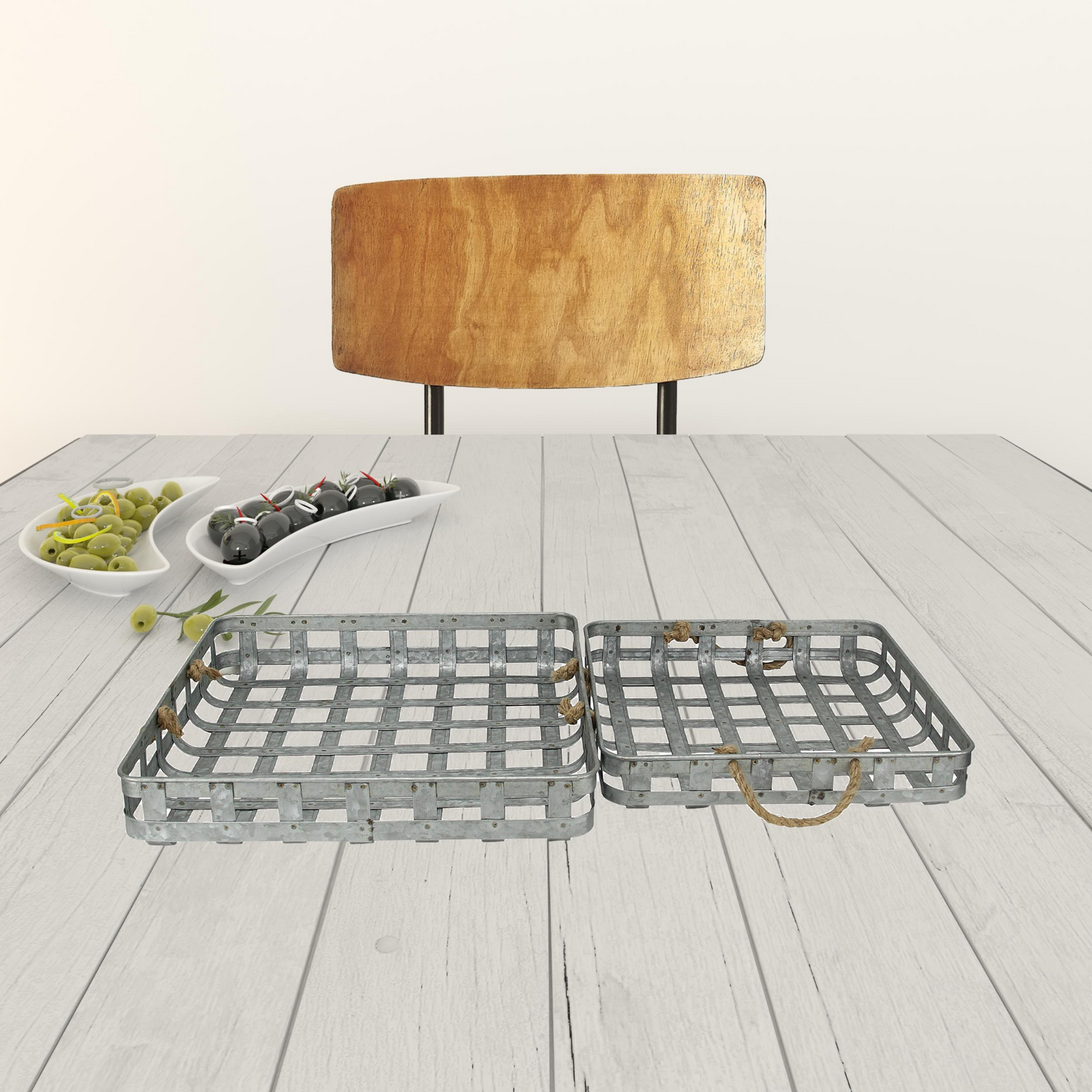 Set Of Two 17" Gray Rectangular Metal Handmade Trays With Rope Handles - Elegant Home Decor