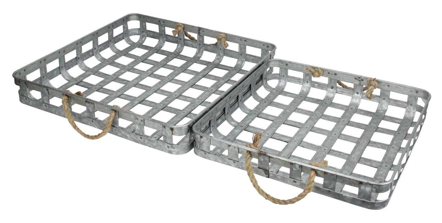 Set Of Two 17" Gray Rectangular Metal Handmade Trays With Rope Handles - Elegant Home Decor