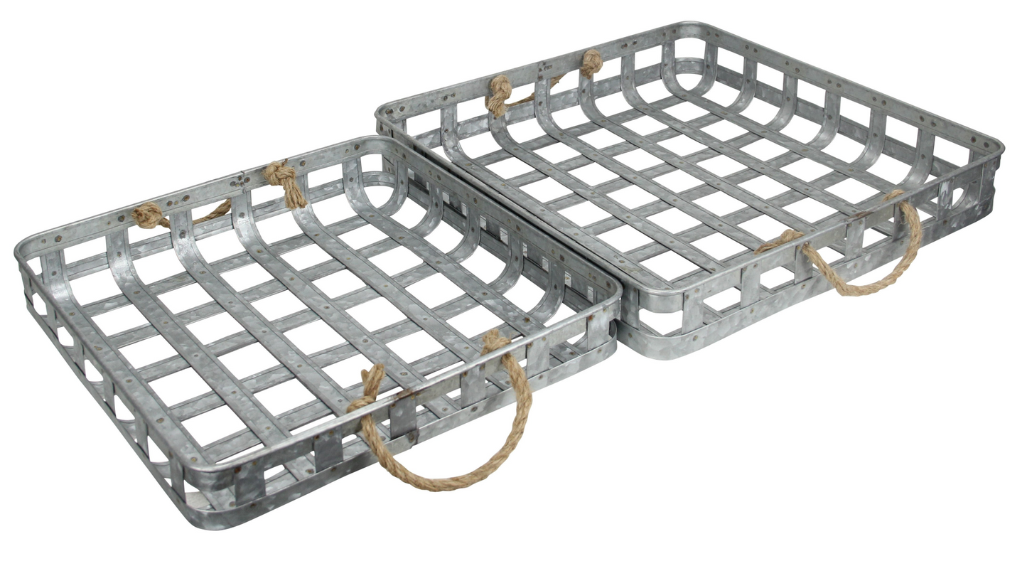 Set Of Two 17" Gray Rectangular Metal Handmade Trays With Rope Handles - Elegant Home Decor