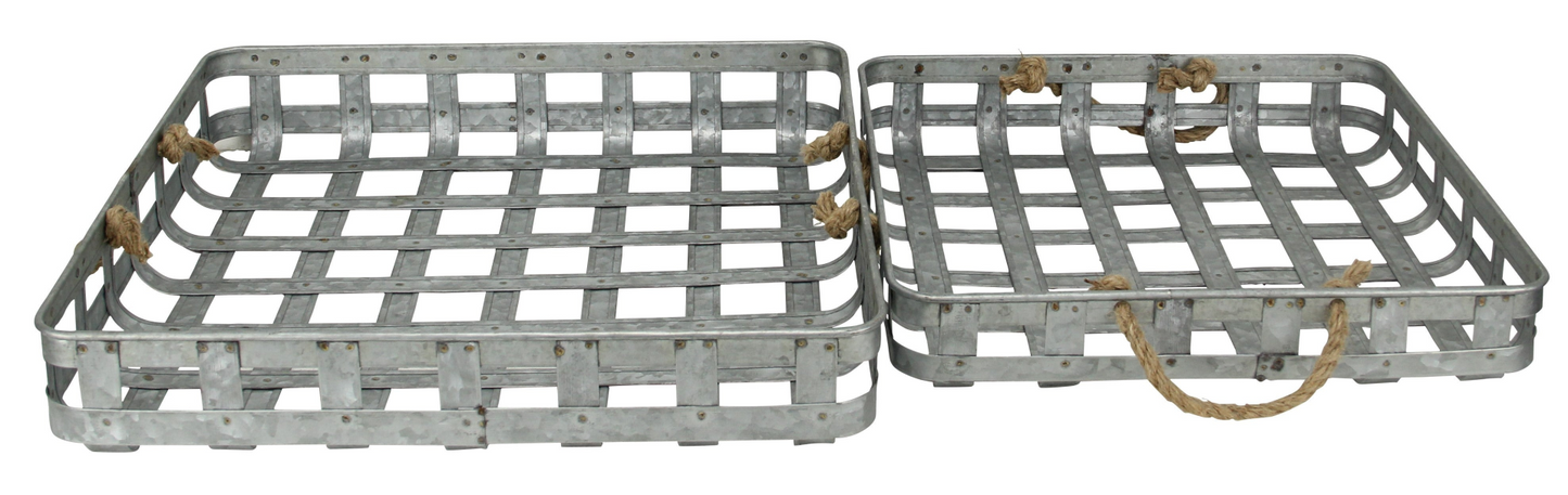 Set Of Two 17" Gray Rectangular Metal Handmade Trays With Rope Handles - Elegant Home Decor