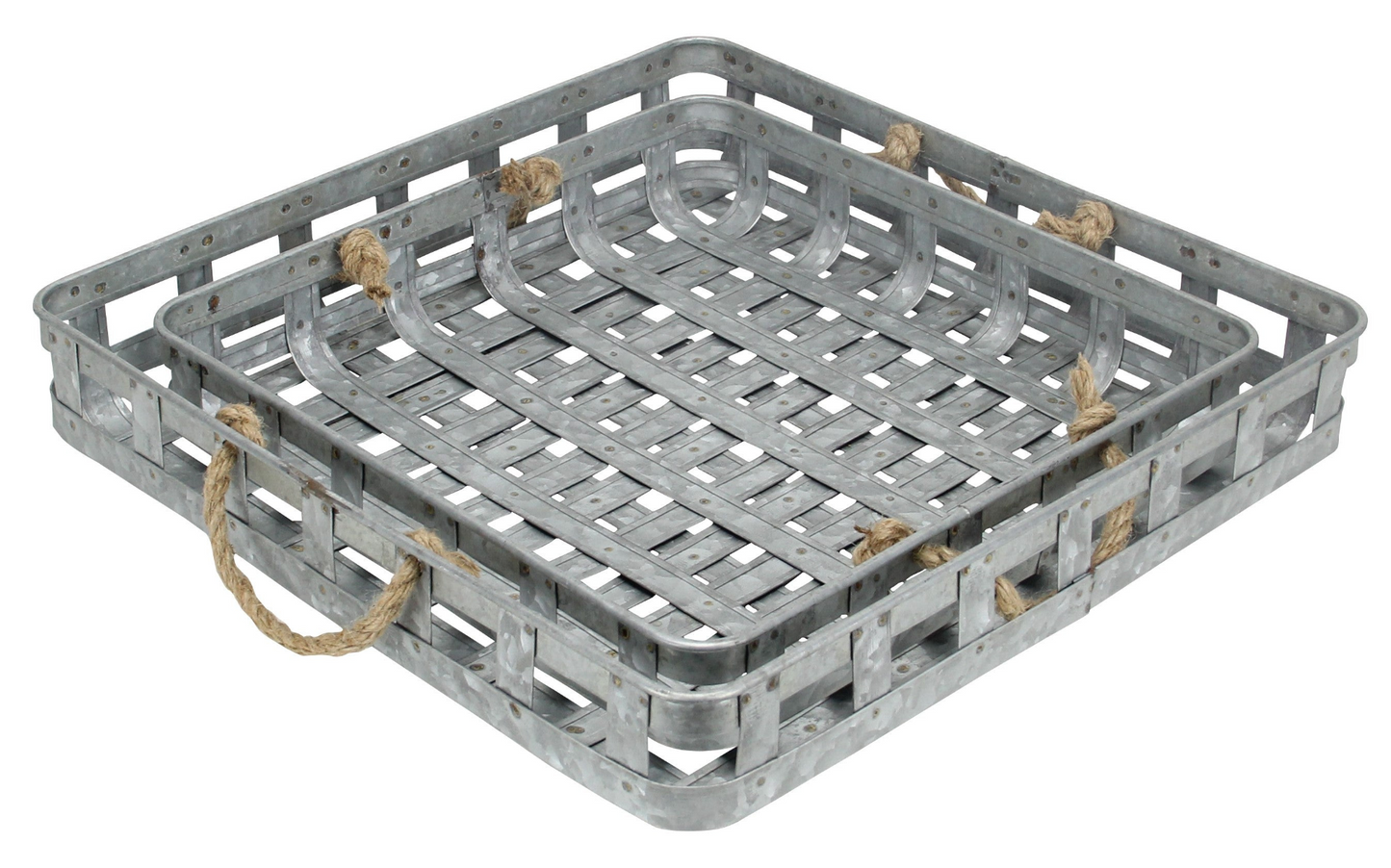 Set Of Two 17" Gray Rectangular Metal Handmade Trays With Rope Handles - Elegant Home Decor