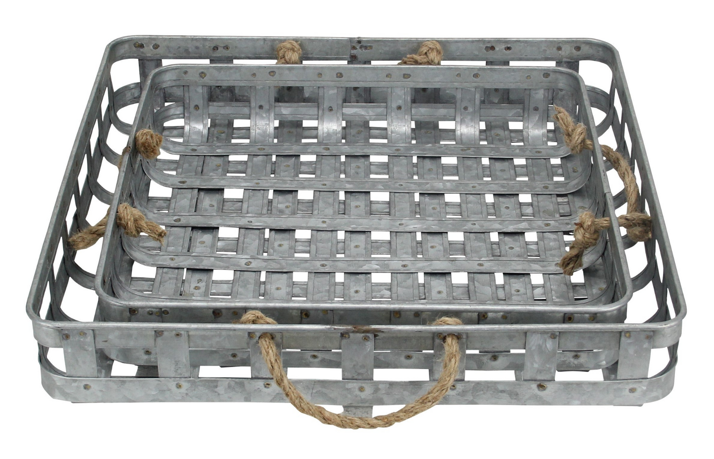 Set Of Two 17" Gray Rectangular Metal Handmade Trays With Rope Handles - Elegant Home Decor