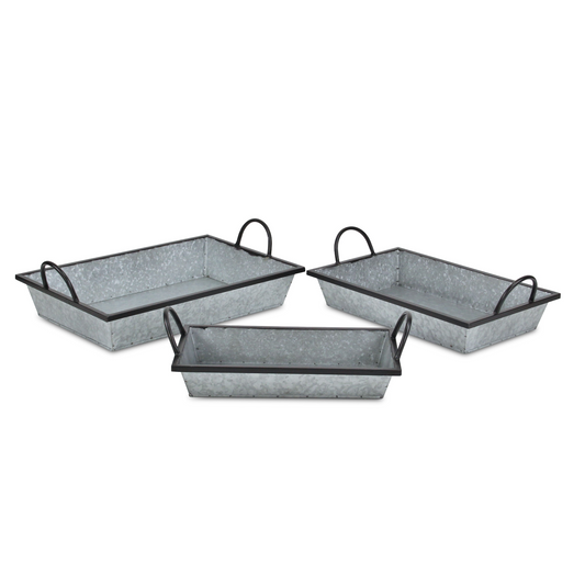 Set Of Three 18" Gray and Black Metal Handmade Trays With Handles - Versatile and Chic Addition to Your Home