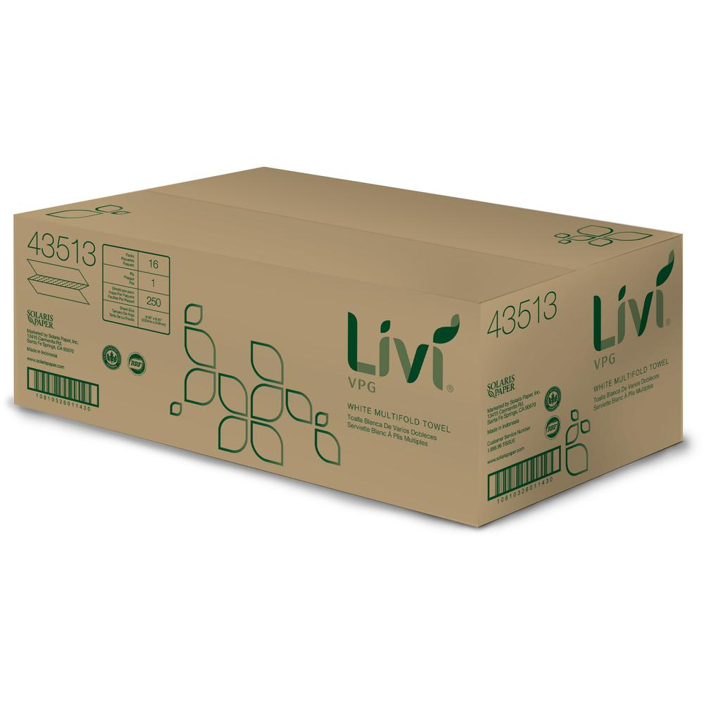 Livi VPG MultiFold Towel - 1 Ply - Multifold - 9.06" x 9.45" - White - Virgin Fiber, Paper - Eco-friendly, Soft, Embossed - For Multipurpose - 250 Per Pack - 16 / Carton