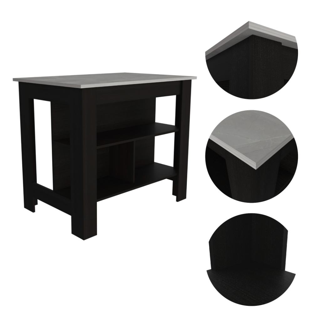 Kitchen Island Dozza, Three Shelves, Black Wengue / Ibiza Marble Finish